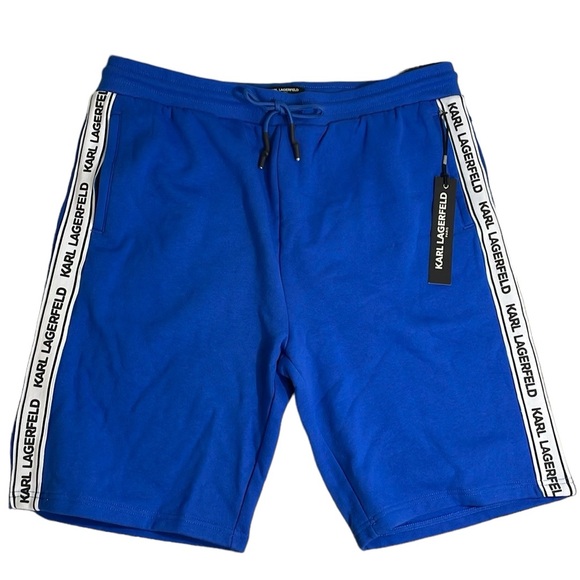 KARL LAGERFELD PARIS Men's Size XL Fleece Logo Tape Royal Blue Shorts. - Picture 2 of 10